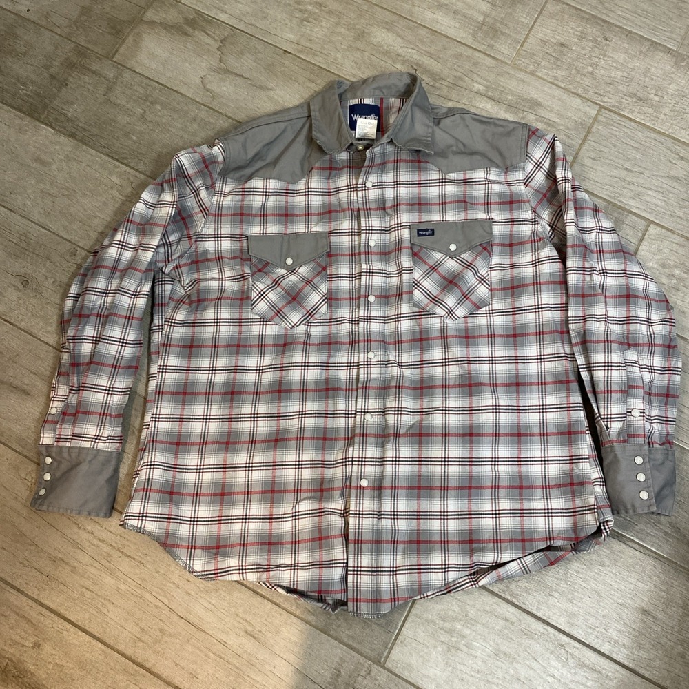 Vtg Wrangler Brushpopper Shirt Gray Plaid Heavy Cowboy Western Pearl Snap Men 2X